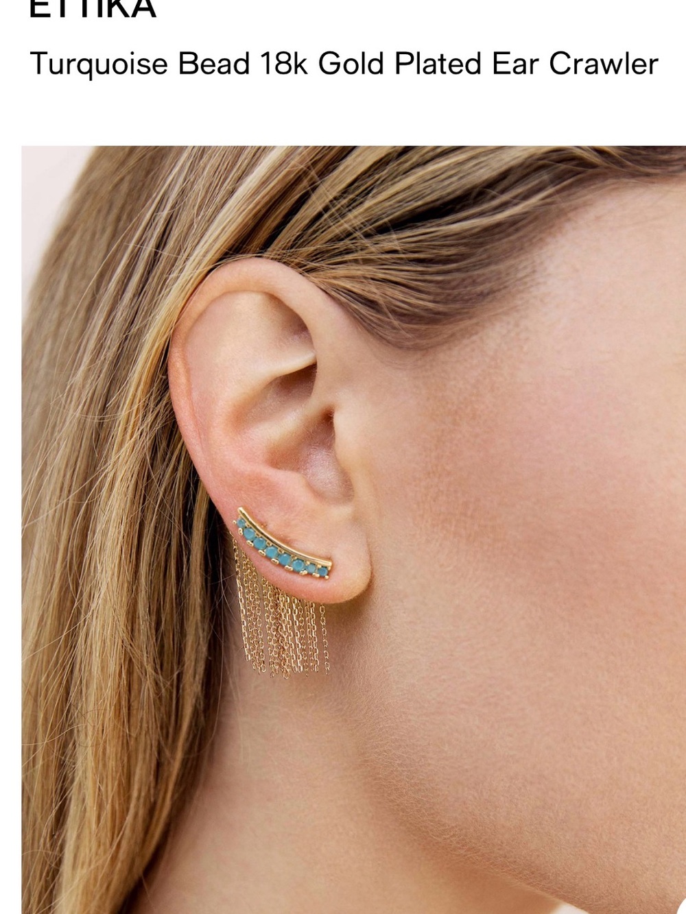 ettika Gold Plated Ear Crawler with Turquoise Beads and Gold Chain Fringe